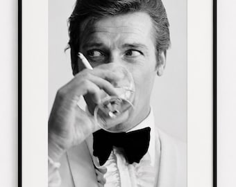 Roger Moore, Shaken Not Stirred , James Bond , Black and White Wall Art, Vintage Print, Photography Prints, Museum Quality Photo Art Print