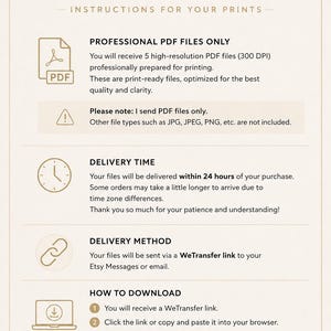 Pu&ograve; includere: Un foglio di istruzioni per il download digitale con sfondo beige e testo scuro. Descrive la consegna di file PDF professionali, un tempo di 24 ore, il metodo di invio WeTransfer e un processo di download in quattro passaggi con varie icone.