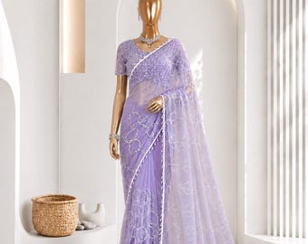 Designer-Netzsari mit Perlen-, Pailletten- und Paillettenstickerei, luxuriöser Partysari, Hochzeitssari, bestickte Netzbluse