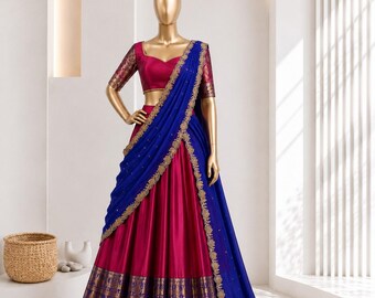 Narayan Pattu Lehenga-Set mit Zari-Stickerei, Georgette-Pailletten-Dupatta, südindischer Lehenga, Halb-Sari, Hochzeitsoutfit