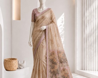 Reiner Leinen-Baumwoll-Seiden-Sari mit Digitaldruck, Khatli-Kutdana- und Steinbesatz, festlicher Designer-Sari, handgefertigter Sari, Hochzeits- und Partykleidung