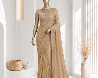 Luxury Net Saree with Gold Beads Work, Designer Party Wear Saree, Hand Embroidered Wedding Saree, Sequins Cutdana Saree for Women