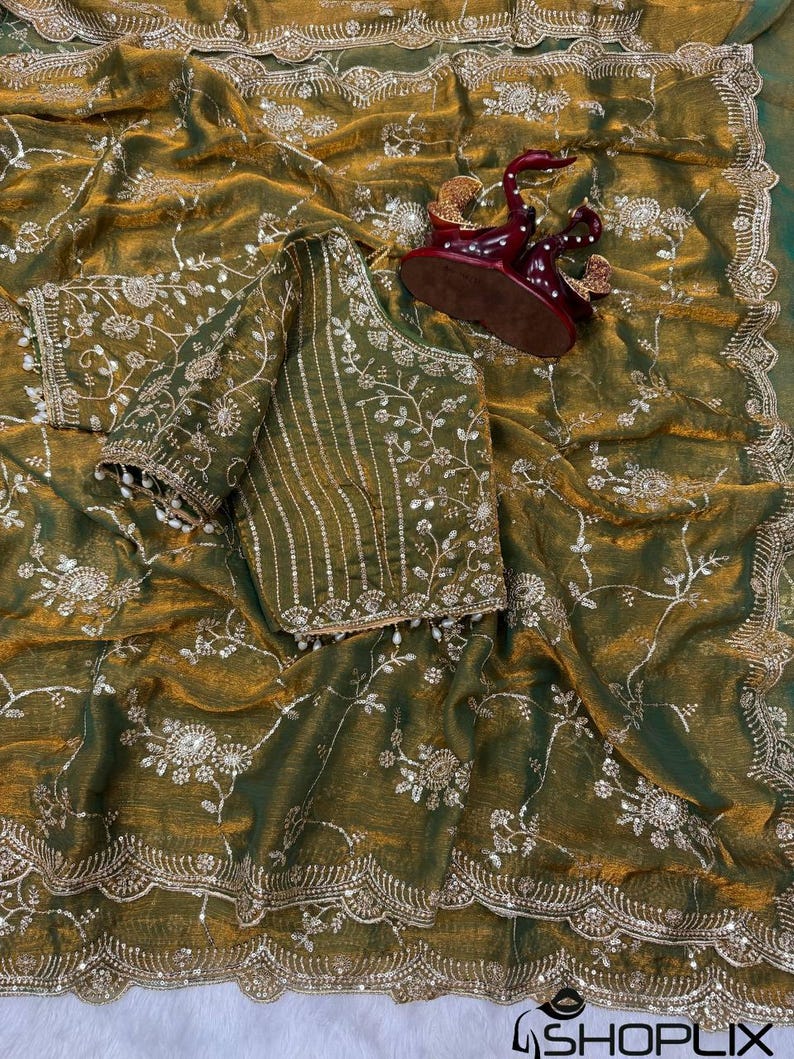 Soft Frendy Chiffon Saree with Sequin Embroidery Work, Designer Party Wear Saree, Full Stitched Mono Banglori Blouse, Wedding Saree image 2