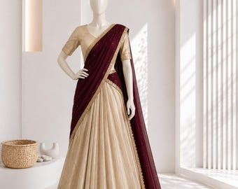 Kanchipuram Lehenga-Set mit Zari-Weberei, Vichitra-Seiden-Dupatta, südindischer Lehenga, Halb-Sari, Pattu Lehenga, festliches Hochzeitsoutfit
