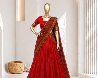 Traditionelles südindisches Lehenga-Set, Halb-Sari aus Baumwollmischgewebe, Zari-gewebter Rand, Onam-Lehenga, Dhavani-Set, festliches ethnisches Outfit