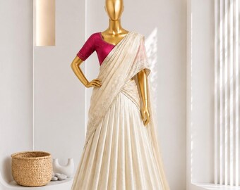 Onakkodi Halbsari-Set, Poly Kanjivaram Lehenga Choli, südindische Langa Davani, Onam-Outfit, Zari-Weberei, festliches Lehenga