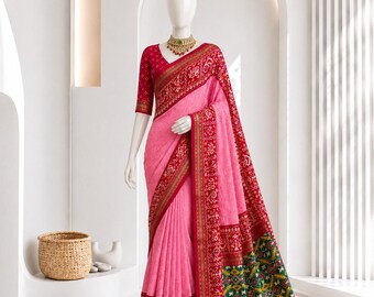 Lucknowi Chikankari Georgette Saree mit Patola-Folienrand, bestickter Saree, Durga Puja Saree, festlicher Party-Sari, Bluse mit Foliendruck