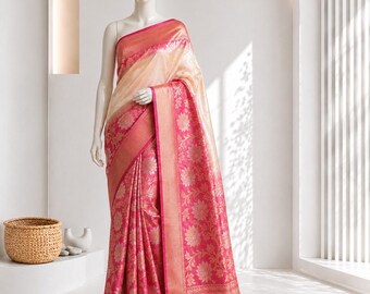 Zweifarbiger Seidensari mit Zari-Weberei, kontrastierendem Pallu, kunstvoller Chaap-Borte, festlicher Seidensari, traditioneller indischer Sari mit Quasten