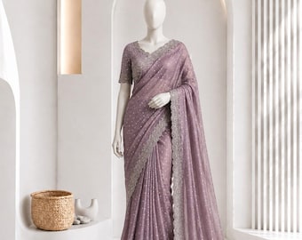Seidensari mit Butti-, Jarkhan- und Steinverzierungen, Designer-Partysari, Hochzeitssari, bestickte Seidenbluse, Festtagssari