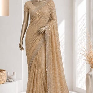 Luxury Net Saree with Gold Beads Work, Designer Party Wear Saree, Hand Embroidered Wedding Saree, Sequins Cutdana Saree for Women