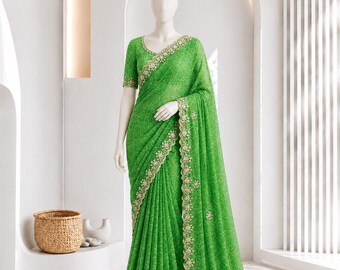 Bandhani-Chiffon-Sari mit originalen Goldperlen, Pailletten und Cutdana-Handstickerei, Designer-Party-Sari, Hochzeits-Sari mit passender Bluse