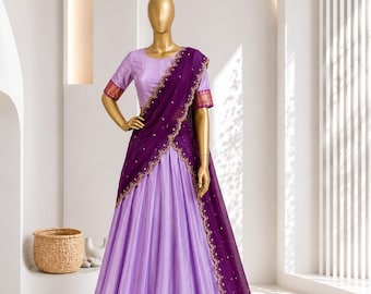 Lehenga-Set aus Baumwollseide mit Zari-Weberei, Georgette-Dupatta, Paillettenstickerei, südindischer Lehenga, festliches Hochzeitsoutfit