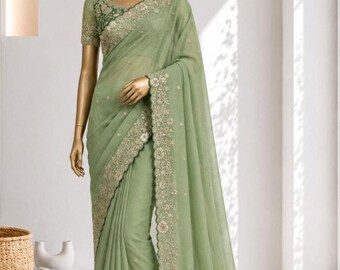 Schwerer Georgette-Seidensari mit Sternenmuster, Faden- und Zari-Stickerei, Designer-Sari mit C-Pallu, Hochzeits- und Party-Sari, festlicher indischer Sari