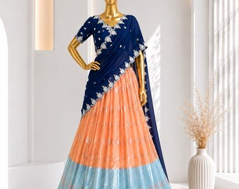 Zari Kota Lehenga Choli Set, südindischer Halbsari, bestickter Festtags-Lehenga, Vichitra-Seiden-Dupatta, ethnisches Hochzeitsoutfit