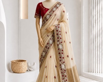 Embroidered Georgette Saree, Soft Georgette Saree, Indian Wedding Saree, Designer Party Wear Saree,Zari Border Saree with Embroidered Blouse