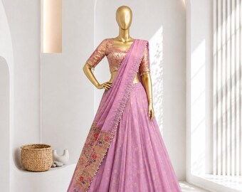 Paithani-Schimmer-Lehenga-Set, Zari-Web-Lehenga, perlenbesetzter Dupatta, Maharashtrian-Hochzeits-Lehenga, festliches ethnisches Outfit