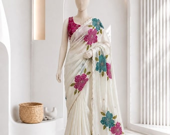 Rangoli Silk Saree with Beads Work, Designer Party Wear Saree,Indian Wedding Saree, Sequins Embroidered Saree, Brush Print Saree with Blouse