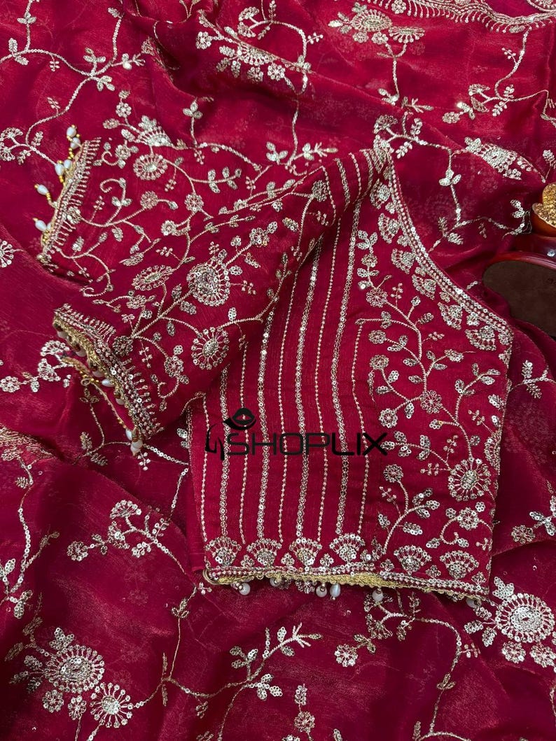 Soft Frendy Chiffon Saree with Sequin Embroidery Work, Designer Party Wear Saree, Full Stitched Mono Banglori Blouse, Wedding Saree image 3