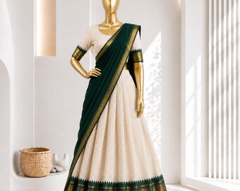 Lehenga-Choli-Set aus Baumwollmischgewebe, Lehenga mit Zari-Weberei, südindischer Halb-Sari, Georgette-Dupatta, festliches ethnisches Hochzeitsoutfit
