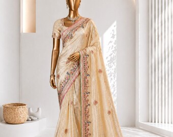 Weicher Seidensari mit Jacquard-Webmuster, Jarkhan- und mehrfarbiger Stickerei, Designer-Hochzeitssari, kontrastierende Jacquard-Bluse, festlicher Sari