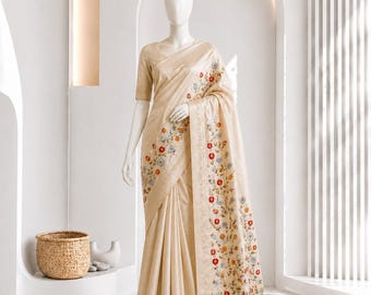 Reiner Tussar-Seidensari mit Blumenstickerei, gewebtem Pallu, festlichem Designer-Sari, traditioneller indischer Seidensari, bestickte Bluse