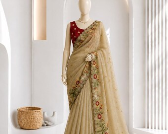 Weicher Organza-Sari mit Zari-Butti- und aufwendiger Stickerei, beigefarbener Organza-Sari, Bluse aus Banarasi-Seide, Designer-Sari für festliche Anlässe und Hochzeiten