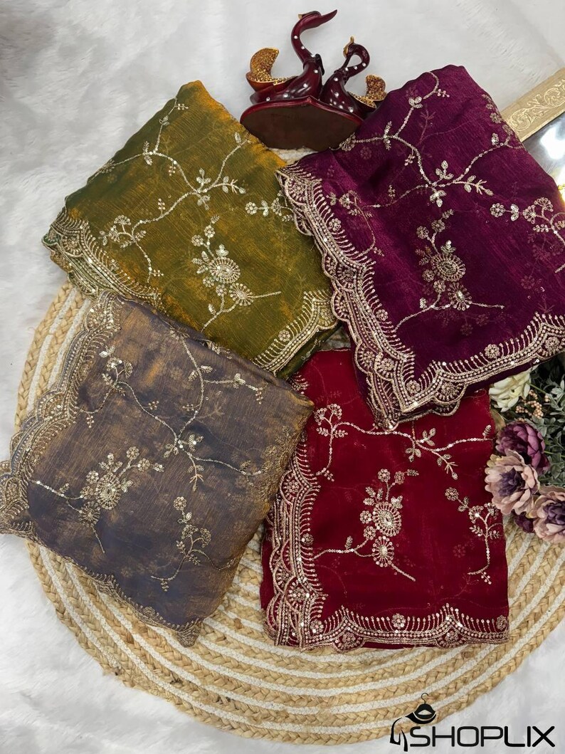 Soft Frendy Chiffon Saree with Sequin Embroidery Work, Designer Party Wear Saree, Full Stitched Mono Banglori Blouse, Wedding Saree image 7
