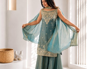 Fendy Silk Sharara Anzug Set, besticktes indisches Hochzeitsoutfit, Partykleid, bereit, ethnische zu tragen