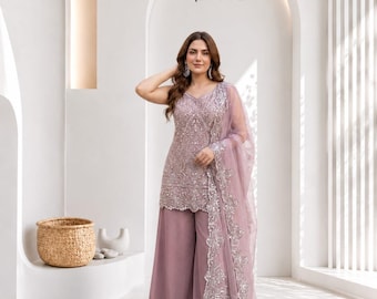 Palazzo Anzug Set mit Stern Georgette Stickerei und Netz Dupatta