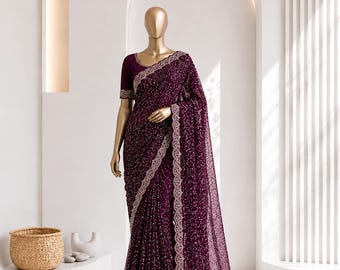 Soft Net Sequins Saree, Beaded Embroidery Saree, Designer Party Wear Saree, Wedding Reception Saree, Luxury Indian Saree for Women