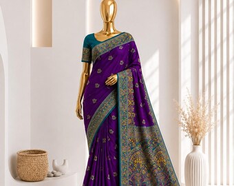 Hochwertiger Patola-Seidensari mit Zari-Stickerei, weicher Seidenmischsari, traditioneller Patola-Sari, festlicher Hochzeitssari, kontrastierende Bluse