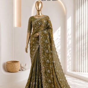 Soft Frendy Chiffon Saree with Sequin Embroidery Work, Designer Party Wear Saree, Full Stitched Mono Banglori Blouse, Wedding Saree image 1