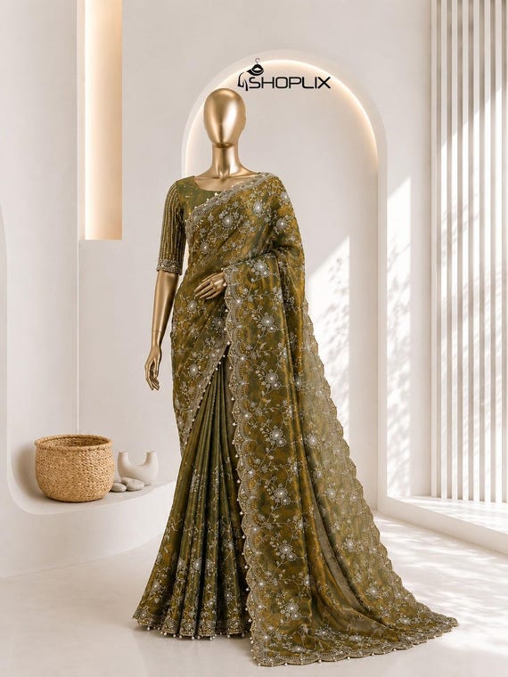 Soft Frendy Chiffon Saree with Sequin Embroidery Work, Designer Party Wear Saree, Full Stitched Mono Banglori Blouse, Wedding Saree