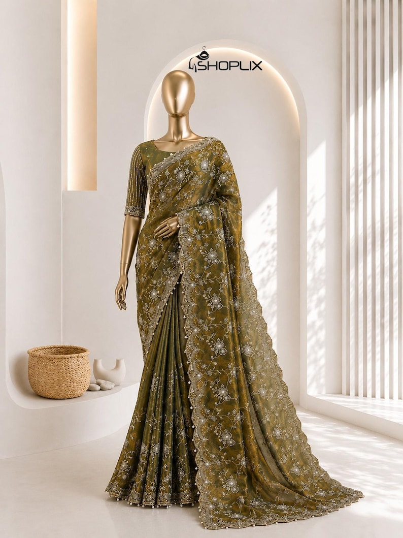 Soft Frendy Chiffon Saree with Sequin Embroidery Work, Designer Party Wear Saree, Full Stitched Mono Banglori Blouse, Wedding Saree image 1