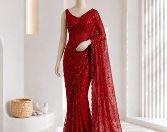 Pure Soft Net Saree-Embroidered Indian Wedding Saree-Custom stitch blouse-Elegant Party Wear