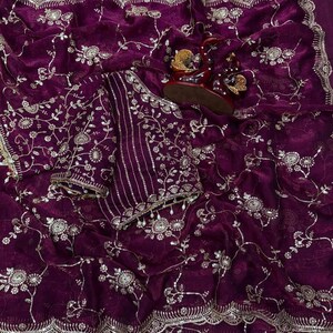 Soft Frendy Chiffon Saree with Sequin Embroidery Work, Designer Party Wear Saree, Full Stitched Mono Banglori Blouse, Wedding Saree image 5