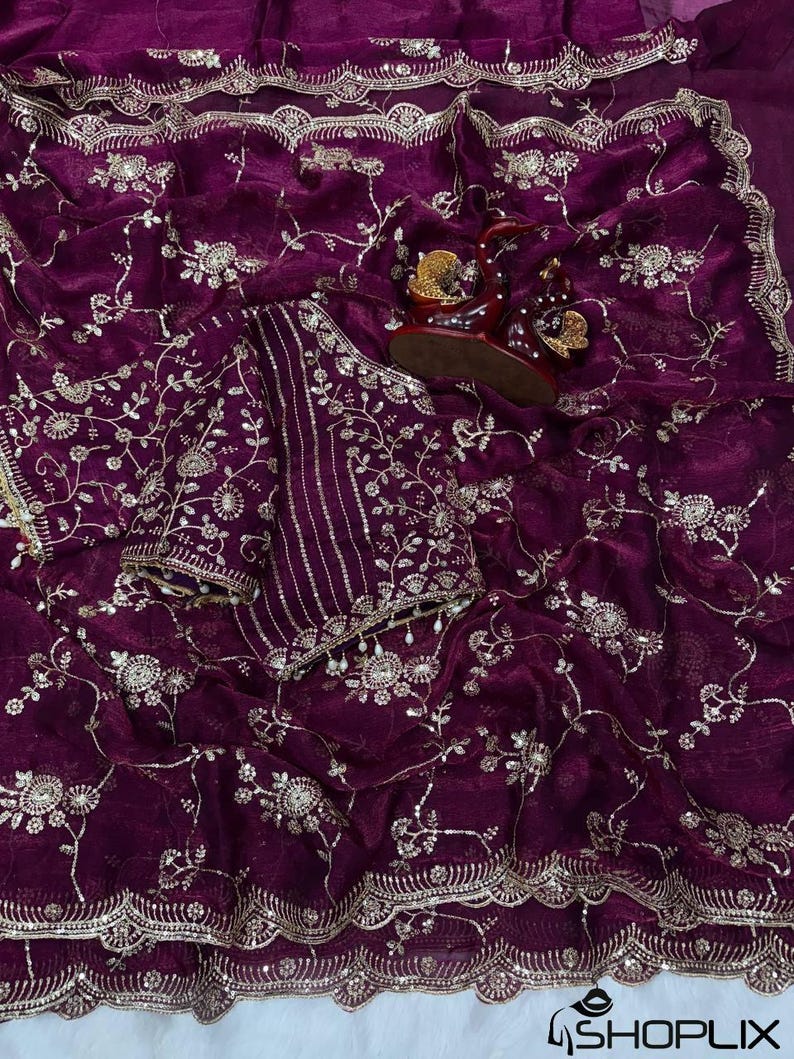 Soft Frendy Chiffon Saree with Sequin Embroidery Work, Designer Party Wear Saree, Full Stitched Mono Banglori Blouse, Wedding Saree image 5