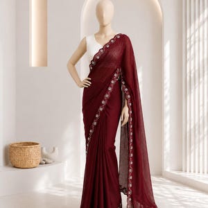 Maruti Rupa Space Silk Saree with Rose Gold Beads & Pearl Work, Designer Wedding Saree, Party Wear Saree with Stitched Blouse