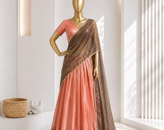 Lehenga-Set aus Dupionseide mit Zari-Stickerei, schimmernder Zari-Dupatta, südindischer Lehenga, Halbsari, Pattu-Lehenga, Hochzeitsoutfit