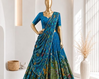 Lehenga Choli aus Tussahseide mit Kalamkari-Stickerei, südindisches Halb-Sari-Set, Lehenga-Set mit Folienstickerei, Dupatta mit Quasten, festliches Hochzeitsoutfit