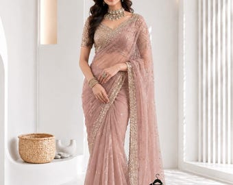Designer Tissue Saree, Salsa Crush Saree, Thread Sequin Work Saree, Indian Party Wear Saree, Wedding Saree, Festive Saree