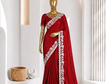 Zarter Rangoli-Seidensari mit bestickter Spitzenborte, Designer-Partysari, Hochzeitssari, bestickte Rangoli-Seidenbluse, Festtagssari