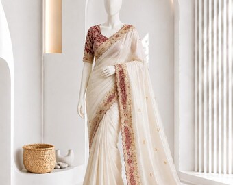 Weicher, knitterfreier Sari mit Applikationen, Faden- und Paillettenstickerei, Designer-Party-Sari, Chinnon-Bandhej-Bluse, Hochzeits-Sari