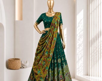 Chinon-Karo-Langa-Davani-Set, südindischer Halbsari, Zari-Web-Lehenga, Onam-Outfit, Voni-Kleid, festliche ethnische Kleidung
