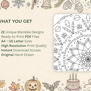 Puede incluir: Imagen de descarga digital con un dise&ntilde;o de mandala en blanco y negro, rodeada de ilustraciones de temporada. El texto de la izquierda enumera las caracter&iacute;sticas: 22 dise&ntilde;os de mandala &uacute;nicos, archivos PDF listos para imprimir, tama&ntilde;os A4 + US Letter, calidad de impresi&oacute;n de alta resoluci&oacute;n, acceso de descarga instant&aacute;nea y dibujado a mano original.