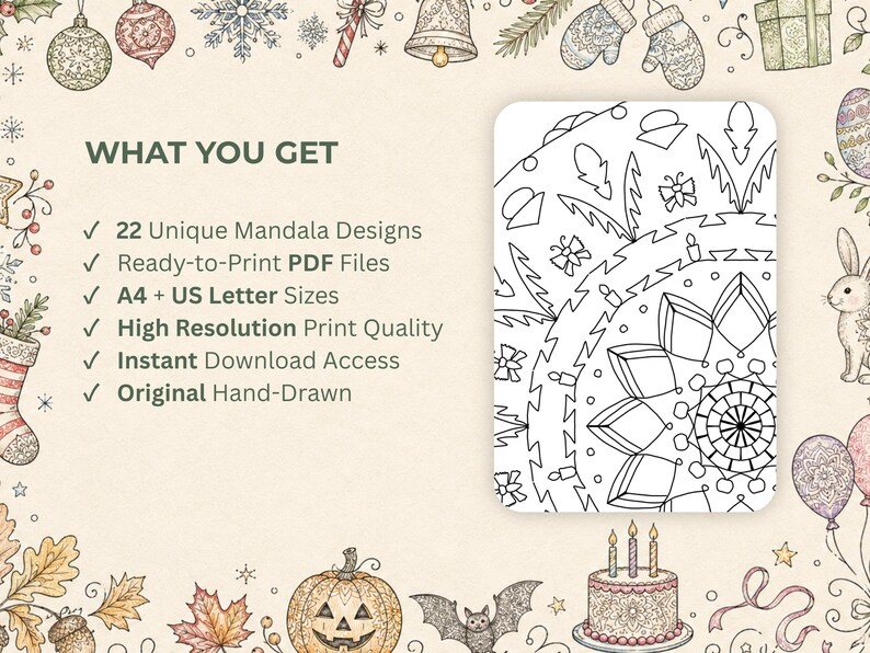 Puede incluir: Imagen de descarga digital con un dise&ntilde;o de mandala en blanco y negro, rodeada de ilustraciones de temporada. El texto de la izquierda enumera las caracter&iacute;sticas: 22 dise&ntilde;os de mandala &uacute;nicos, archivos PDF listos para imprimir, tama&ntilde;os A4 + US Letter, calidad de impresi&oacute;n de alta resoluci&oacute;n, acceso de descarga instant&aacute;nea y dibujado a mano original.