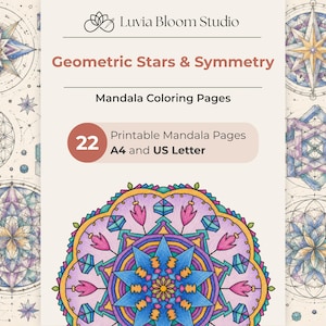 Op de afbeelding: Een beige achtergrond toont mandala kleurplaten met geometrische sterren en symmetrie ontwerpen. De tekst luidt "Geometric Stars & Symmetry" en "Mandala Coloring Pages". De afbeelding bevat 22 afdrukbare mandala pagina's in A4 en US Letter formaten.