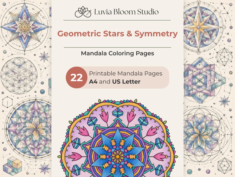 Op de afbeelding: Een beige achtergrond toont mandala kleurplaten met geometrische sterren en symmetrie ontwerpen. De tekst luidt "Geometric Stars & Symmetry" en "Mandala Coloring Pages". De afbeelding bevat 22 afdrukbare mandala pagina's in A4 en US Letter formaten.