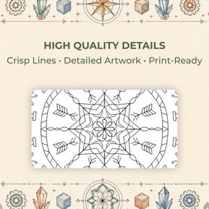 Op de afbeelding: Een beige achtergrond met decoratieve elementen en de tekst "HIGH QUALITY DETAILS". Een rechthoekige kaart heeft een zwart-wit symmetrisch ontwerp met pijlen en bloemmotieven. De tekst "Crisp Lines &bull; Detailed Artwork &bull; Print-Ready" is ook zichtbaar.