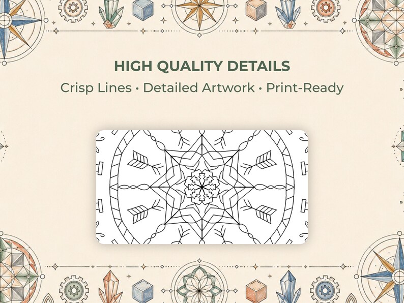 Op de afbeelding: Een beige achtergrond met decoratieve elementen en de tekst "HIGH QUALITY DETAILS". Een rechthoekige kaart heeft een zwart-wit symmetrisch ontwerp met pijlen en bloemmotieven. De tekst "Crisp Lines &bull; Detailed Artwork &bull; Print-Ready" is ook zichtbaar.